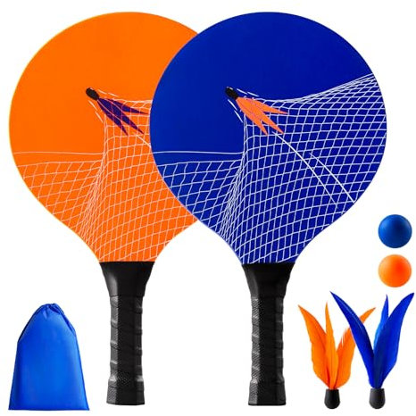 U&C Planet Beachball Set Paddle Ball Spiel Strandschlägerset aus Holz Schläger Spiel für Kinder&Familie 2 Schläger, 4 Bälle Spielzeug für Garten Strand Party