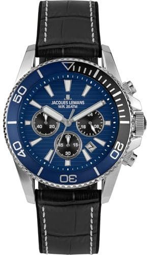 JACQUES LEMANS 1-2206B Herrenuhr Liverpool Diver Silikonband mit Leder Oberfläche Chronograph 20 ATM