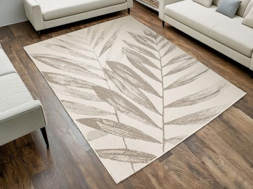 AKCILA Brussels Rechteckig, Blätter, Beige, Creme, Schnur, modernes Muster Outdoor Teppich 160x230cm, Balkon Carpet,Tepich für Terrasse, Teppiche aussenbereich wetterfest