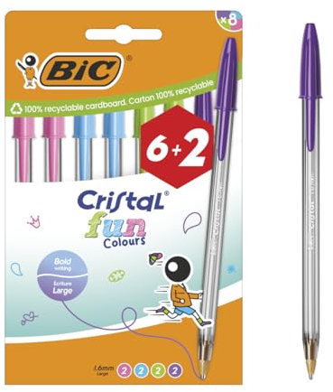 BIC Cristal Fun Bolígrafos de Colores de Punta Ancha (1,6 mm) - Colores Surtidos, Pack de 8 (6+2 gratis)