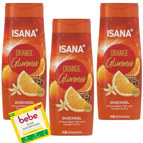 3 er Pack ISANA Duschgel Orange Glimmer + 1 Bebe feste Duschpflege | 3 x 300 ml | fruchtiger Duft nach Orange und Zimt