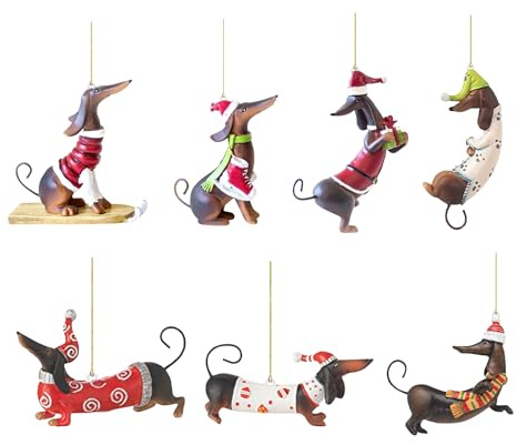 7 Stück Dackel-Weihnachtsornamente, flache Acryl-Anhänger für den Weihnachtsbaum, Dackel-Ornamente zum Aufhängen für Feiertage und Feste, Dackel-Ornamente für Auto, Rucksäcke, Türen
