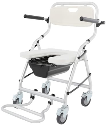Silla de baño con ruedas, silla de ducha con reposapiés, brazos plegables, orinal, silla plegable 3 en 1, hasta 150 kg, silla de inodoro para personas mayores y discapacitados