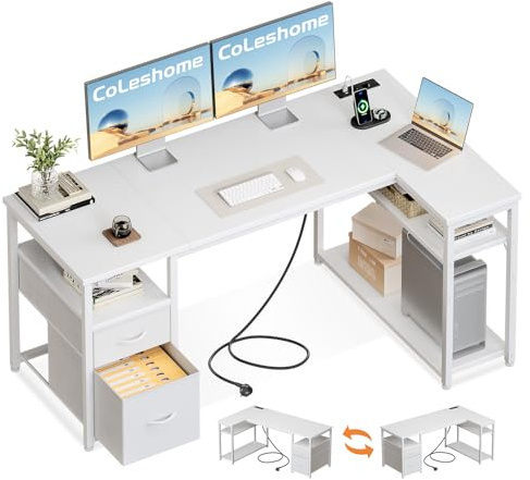 Coleshome Gaming Eckschreibtisch mit 2 Schubladen, 140×80 cm, Weiß | L-Förmiger Gaming Tisch mit Stauraum & Regal, Schreibtisch mit Steckdose & USB, Reversibel, für Schlafzimmer & Wohnzimmer