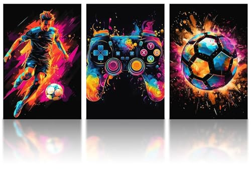 milaosk 3 Stück Leinwand Bilder Gaming Fußball Poster Wandbild Kunstdrucke | Bunte Graffiti Fußball Gamepad Bild Wandposter für Teenager Jugendzimmer Deko Gaming Zimmer 12x16 Zoll Ungerahmt