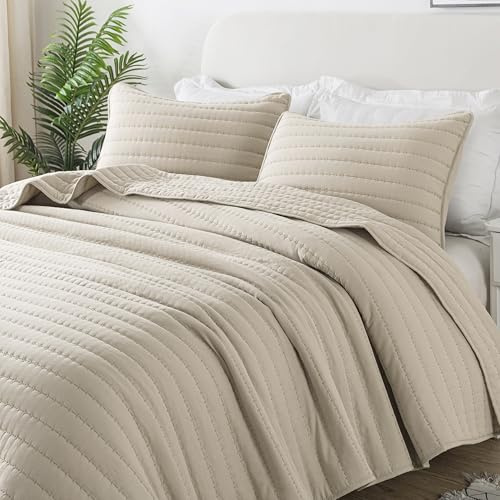 R.SHARE Tagesdecke 270x300 cm, Kuscheldecke Bettüberwurf, Ultra Weiche Steppdecke für alle Jahreszeiten, Wohndecken Sofaüberwurfdecke aus Mikrofaser (ohne Kissenbezug)-Weizen