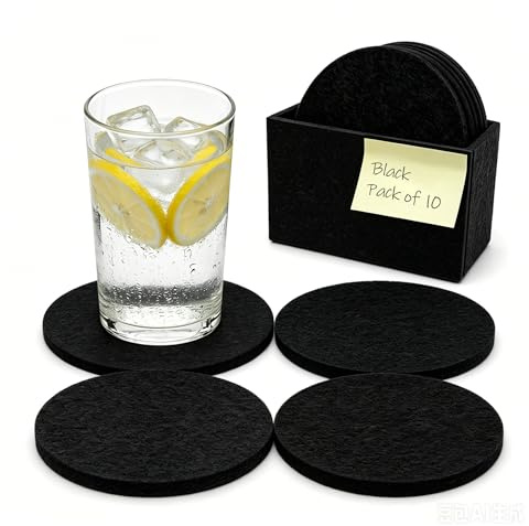 Ateweita Dessous de Verre Feutre Rond Lot de 10, sous Verre Absorbant 10cm épais 5mm, Dessous de Verre pour Verres Tasses avec boîte, Protection Table Bar Cuisine Bureau (Black, Ronde)