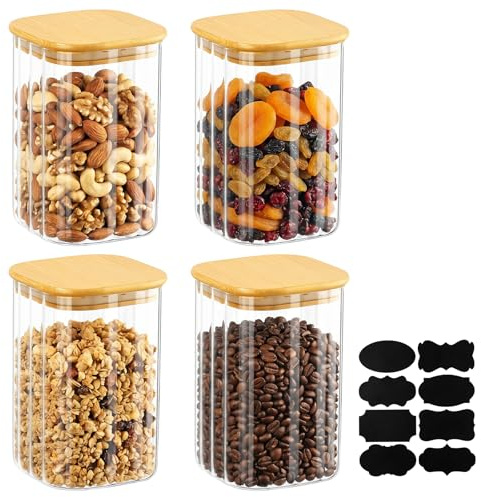 Glass Storage Jars with Bamboo Lids Set of 4, Airtight Square Glass Jars, Large Food Storage Containers, Wide Mouth Glass Cereal Kitchen Canisters for Flour, Sugar, Pasta, Oats, Grains, Snacks, Candy
