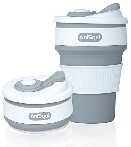 AniSqui coffee to go becher faltbar, (350ml 12oz, 100% Lebensmittelqualität Silikon BPA-frei kaffeebecher faltbar) by (Grau)