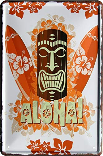 WOGEKA ART Retro Blechschild - Aloha Hawaii Beach Bar Surfing Tiki - witziger Spruch als Geschenk-Idee zum Geburtstag Weihnachten zur Dekoration 20x30 cm Vintage-Design aus Metall 1004