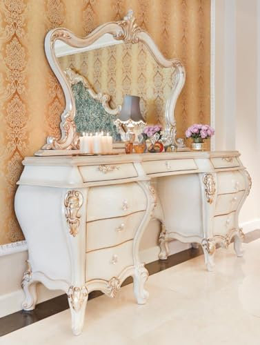 Casa Padrino Luxus Barock Schlafzimmer Set Weiß/Creme/Gold - 1 Schminkkommode & 1 Spiegel - Prunkvolle Schlafzimmer Möbel im Barockstil - Luxus Qualität