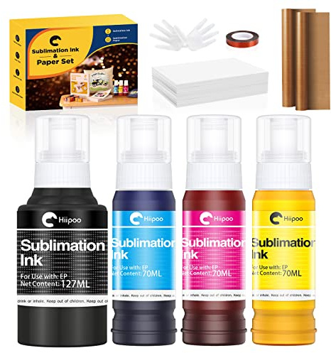 Hiipoo sublimeringsbläckset med 110 ark sublimeringspapper 8,5 x 11 tum, 120 g, 2-pack teflonark, värmeband kompatibel med bläckstråleskrivare ET-2720 ET-2760 ET-2800 ET-2803 ET-2400 ET-470 ET-470 ET