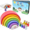 SCHMETTERLINE® Regenbogen-Holz Spiel inkl. Holzfiguren & englisches Vorlesebuch – Montessori-Regenbogen Spielzeug aus Holz für Kinder ab 3 Jahren