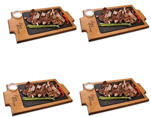 4 Platos de Pizarras personalizados de 20x30 cm con bandeja de madera en color roble personalizada para presentación de carnes