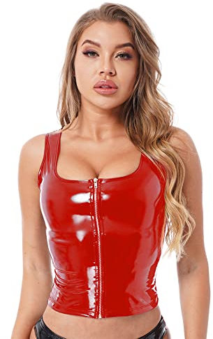 iEFiEL Damen Wetlook Crop Top Leder-Optik Tank Top Glänzende Korsett BH Oberteil Kurze Ärmellos Shirt Clubwear Kostüm Rave Party Rot A XXL