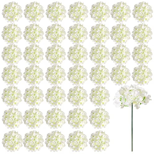 Auihiay 46 Stück Hortensien künstliche Blumen Seide Hortensien Köpfe mit Stielen, elfenbeinfarbene künstliche Hortensien Blumen für DIY Hochzeit Tafelaufsatz, Garten, Zuhause, Party, Babyparty Dekor