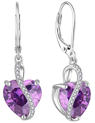 YL Damen Herz Ohrringe 925 Sterling Silber Tropfenohrringe Februar Geburtsstein Amethyst Schmuck Geschenke für Mutter Freundin Damen