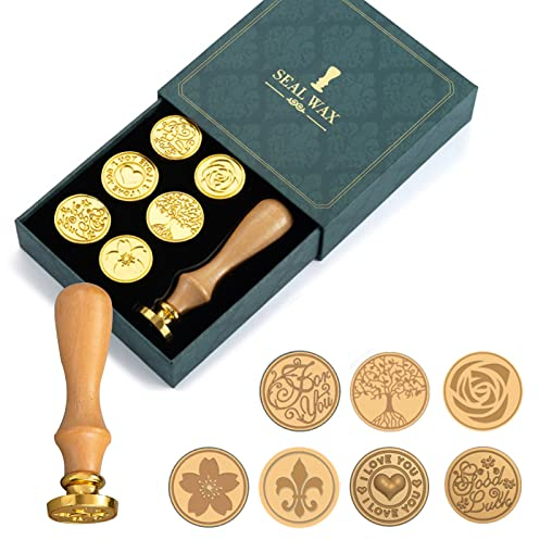 Wachssiegel Set, 7 Stück Wachs Stempel Mit Holzgriff, Kupfer Siegel Kit für Umschlag, Hochzeit, Einladung, Brief, Geschenkverpackung, Dekoration
