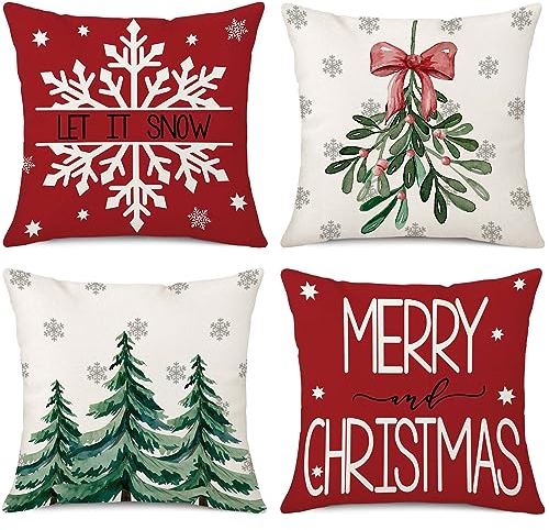 ILovDaisy Weihnachtskissenbezug 45x45 cm, 4 Stück Kissenbezug Weihnachten, Feines Leinen Kissenhülle Weihnachten, Weihnachtsdeko für Wohnzimmer Schlafzimmer