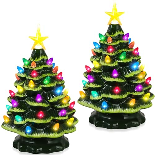Glooglitter Albero di Natale in ceramica con luci multicolore vintage verde da tavolo con luci e puntale a stella illuminato da scrivania, 2 pezzi, 2 pezzi