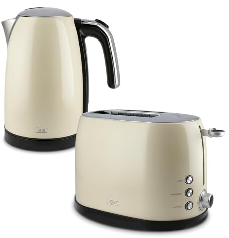 KHG Retro Frühstücksset | Toaster 2 Scheiben mit Brötchenaufsatz, 7 Bräunungsstufen 800W | Wasserkocher 1,7 Liter mit Abschaltautomatik 2200W | 2-teilig Creme