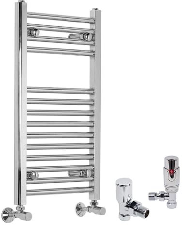 Warmehaus Contemporary Bathroom Straight Heated Warming Towel Rail Radiator Rad 700 x 400mm Chrome - with Angled TRV & Lockshield