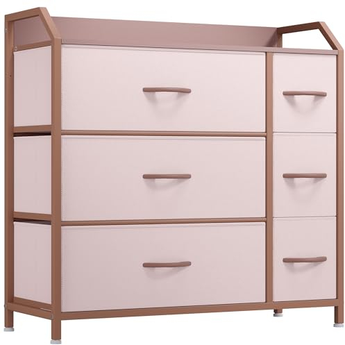 YITAHOME Commode avec Poches latérales et Crochets, Commode à 6 Tiroirs en Tissu Meuble de Rangement avec Dessus en Bois pour Chambre à Coucher, Salon,Rose