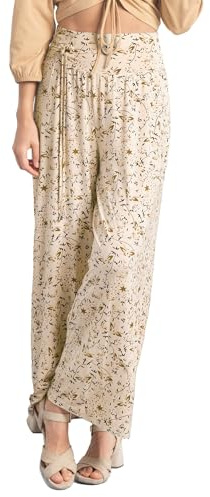 Enorsia Womens Printed Wide Leg Cropped Trousers with High Waist, Smocking Back, Asymmetric Ring Detail, and Butterfly-Star Allover Print (Cream,12)