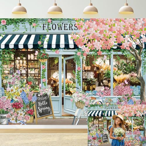 Flowers Shop Backdrop 7x5FT Flowers and Gifts Pot Plants Butterfly Hello Spring Banner Background for Photography Spring Floral Tea Party Decorations Supplies Photo Props