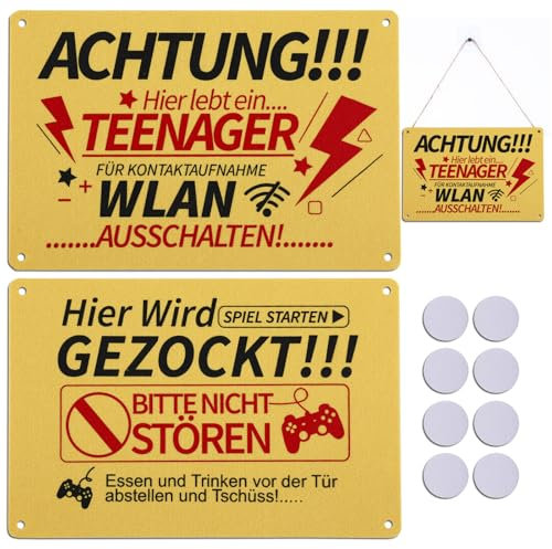 XIAONIU 2 Stück Filzschild, Achtung Teenager Schild, Hier wird gezockt Schild, Mädchen Junge Geschenke, Türschild als Teenager Zimmer Deko, Geburtstagsgeschenk für Jugendliche Zocker (30x20 cm)