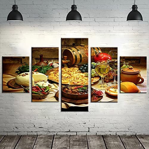 Leinwandbild 5-Teilig Essen Und Trinken | Mit Rahmen 200X100Cm | Bild Wanddeko Wand Bild Kunstdruck Deko Wohnzimmer Wohnzimmer Schlafzimmer Büro Hotel Wandkunst Wandbild Poster Foto-15740697502