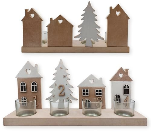 Teelichthalter Advent: Kerzenhalter für Teelichter, Adventskranz Deko-Leiste aus Holz mit Häusern & Tannenbaum, Figur Weihnachten & Winter, Dekofigur Innen, Weihnachtsdeko Natur & Weiß, 34 x 16,5 cm
