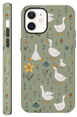 Yoedge Cute Phone Case for iPhone 12/iPhone 12 Pro 6.1'', Duck Botanical Garden Flowers Pattern Print Sage Green Case, Funny Shockproof 2-in-1 Double Protective Cover for Women Girls Men Boys