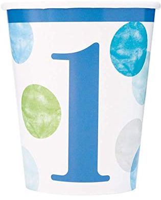 Unique Party 73306 - Gobelets en Carton - 266 Ml - Fête à Thème Pois Bleu 1er Anniversaire - Paquet de 8
