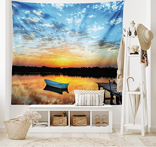 ABAKUHAUS Angeln Wandteppich und Tagesdecke, Kleines Boot auf Teich aus Weiches Mikrofaser Stoff Waschbar ohne Verblassen Digitaldruck, 230 x 140 cm, Himmelblau Gelb Schwarz