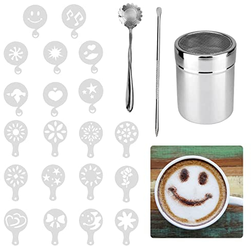 Matogle 23 Pcs Set Stencil per Caffè Stampi Decorazioni Shaker Cacao Setaccio in Acciaio Spargicacao Zucchero Spolverino Utensili Decorativi Cucchiaio in Acciaio per Dolci Caffè