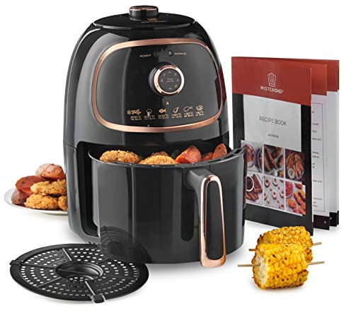 MisterChef® Air Fryer, VORTX Frying Technology, 30 Minute Timer and Adjustable Temperature Control for Healthy Oil Free or Low Fat Cooking, 1000 W, 2.0 Litre, Black - Free Recipe Book Enclosed