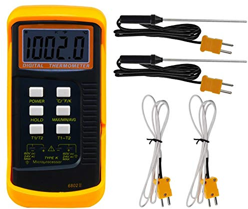 2 Dual Digitales Thermometer, DT-6802 II Kanal K-Typ Thermoelementen Sensor Sonde Temperaturmessgerät Temperaturmesser für Thermoelement Typen K/J/T/E/R/S/N