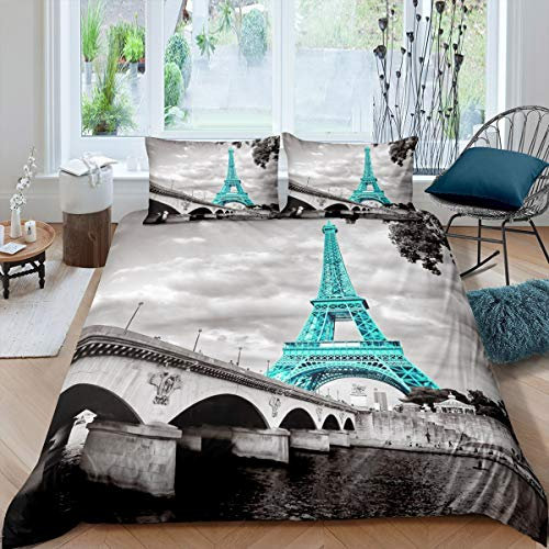 Eiffelturm Bettwäsche Set 155x220cm Mädchen Chic Teal Paris Thema Bettbezug Set Für Kinder Teenager Frauen Dekor Paris Stadtbild Bedruckte Betten Set Mikrofaser Moderner französischer Stil