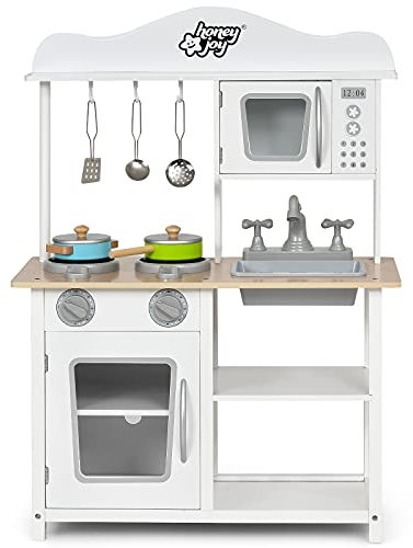 COSTWAY Cuisine Enfant en Bois avec Micro-Ondes, Jeu de Cuisine pour Enfant avec Ustensiles, Jeu d'Imitation pour Enfants de 3 Ans+