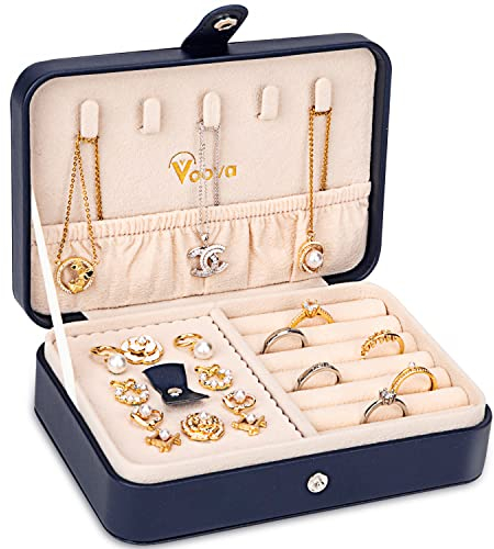 Voova Mini Travel Jewellery Box Organiser for Women, Leather Small Jewelry Case with Smart Earrings Plate, jewlerrying Holder for Earrings Rings Necklace Bracelets, Dark Blue