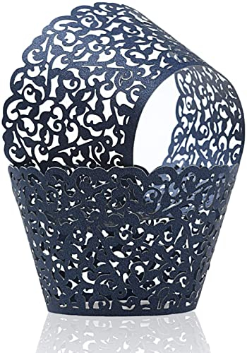 Pack of 120 Cupcake Wrappers Artistic Bake Cake Paper Cups Vine Laser Cut Cupcake Wraps Baking Cup Muffin Case Trays for Wedding Baby Shower Party Birthday Decoration (120 Navy Blue)