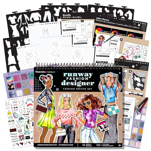 Fashion Angels Fashion Runway Portfolio - Fashion Design Sketch Book with Stencils and Stickers - Practice Your Fashion Design Techniques, Preview Designs in App - Fashion Sketch Pad for Girls 8 & Up