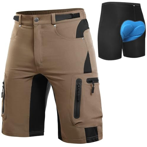 Cycorld MTB Hose Herren Radhose, Schnelltrocknend Mountainbike Hose Fahrradhose mit 4D Sitzpolster, Elastische Outdoor Sport Herren Radlerhose MTB Bike Shorts (Khaki, L)