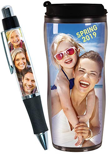 Jaymo PixMug + PixPen = DIY Gift Combo - Create Your Own Custom Photo Travel Mug and Pen – Insert Your Own Photos or Create and Print Inserts Online