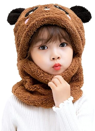 JFAN Wintermütze Unisex Mütze Schal Set Mädchen Niedliche Bärenohren Mütze Cap Kinder Jungen Braun