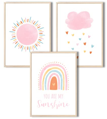 MeinBaby123® Poster Kinderzimmer | er Set DIN A4 Poster Set | Wandbilder mit Spruch | Regenbogen | Deko Kinderzimmer Mädchen Junge | Babyzimmer Deko | Wandposter Premium (You are my sunshine)