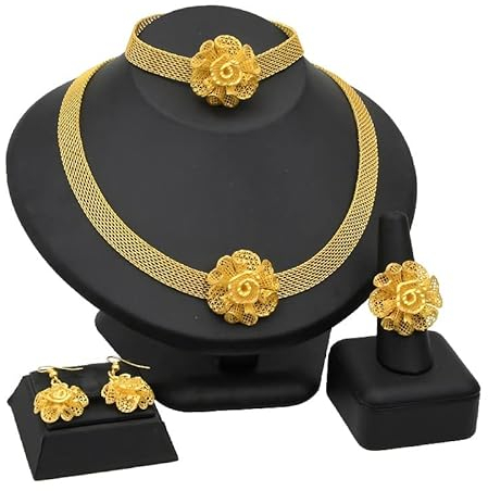 Indische Brautschmuck Sets 24 Karat Gold Farbe Halskette Armband Ohrring Ring Set Blume Afrikanischen Nigerianischen Schmuck Hochzeit