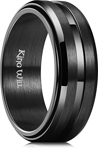 King Will 8mm Black Spinner Ring Matte Brushed Stainless Steel Fidget Ring Anxiety Ring For Men Grooved Center Comfort Fit 10.5