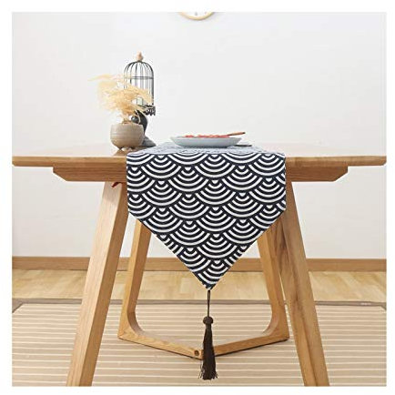 Whoiy Tischläufer Abwaschbar, Tischläufer Modern Kurz 33X160cm Baumwolle Marineblau Wellen Japanischer Stil Verlobung Deko